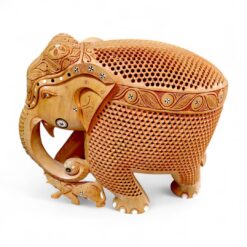 Hand-carved wooden elephant sculpture with baby elephant and ornate Indian detailing.