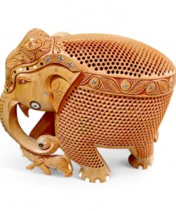 Hand-carved wooden elephant sculpture with baby elephant and ornate Indian detailing.