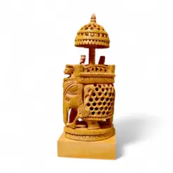 Hand-carved wooden elephant figurine with ornate royal canopy and decorative base.