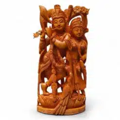 Hand-carved wooden Radha Krishna statue with flute, lotus pedestal, and peacock details.