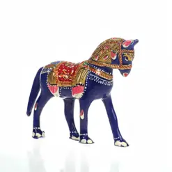 Metal Blue Horse Figurine With Folk Art Design