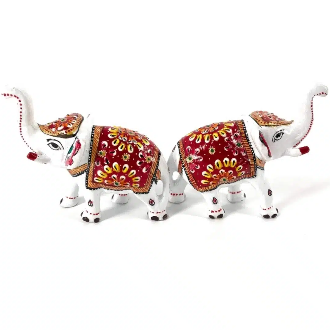 Metal Elephant Statue – White Body with Embossed Painted Work - Image 2