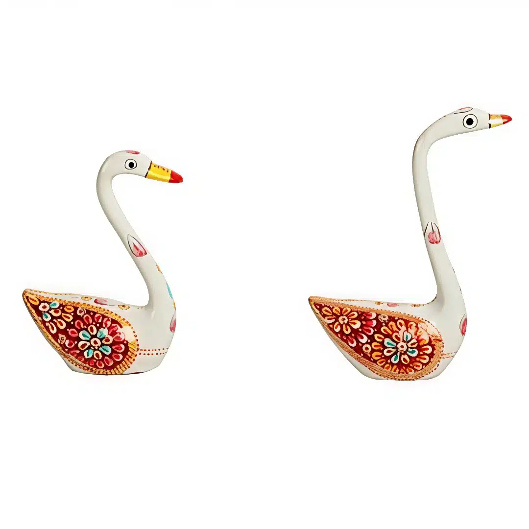 Metal Swan Pair hand-painted swan figurines with floral designs