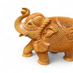 Hand-Carved Wooden Jali Elephant Statue – Trunk Up - Image 4
