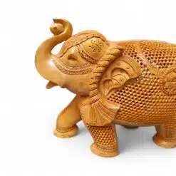 Hand-Carved Wooden Jali Elephant Statue – Trunk Up - Image 4