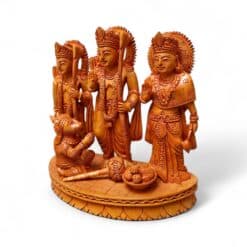 Hand-carved wooden Lord Rama, Sita, Lakshmana and Hanuman devotional sculpture.