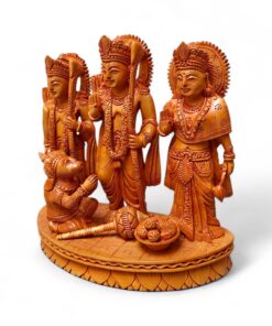 Hand-carved wooden Lord Rama, Sita, Lakshmana and Hanuman devotional sculpture.