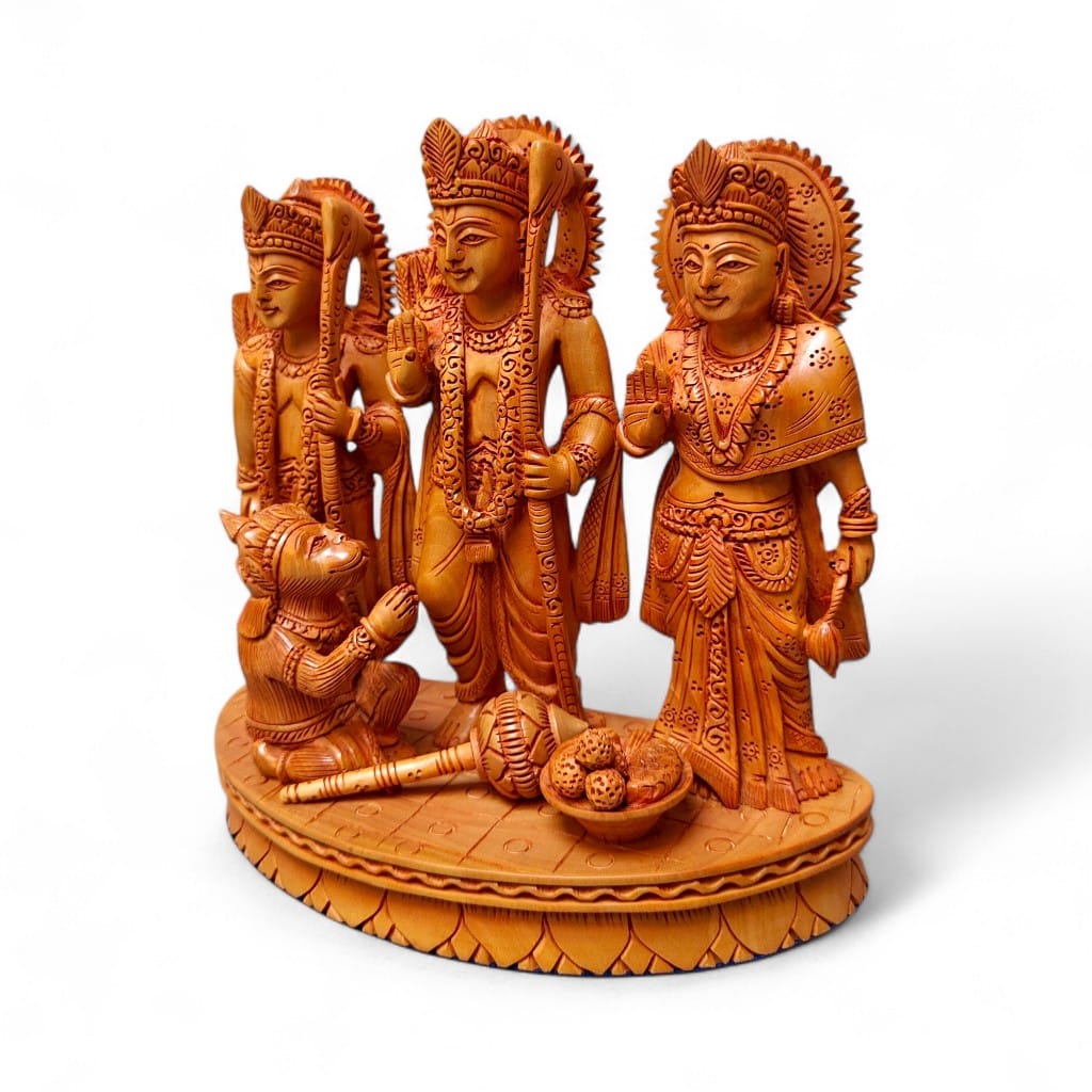 Hand-carved wooden Lord Rama, Sita, Lakshmana and Hanuman devotional sculpture.