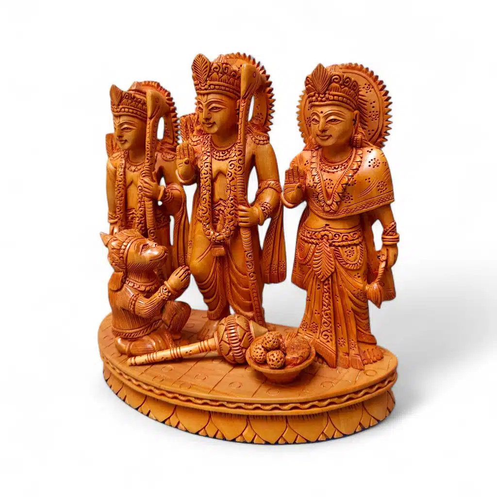 Hand-carved wooden Lord Rama, Sita, Lakshmana and Hanuman devotional sculpture.