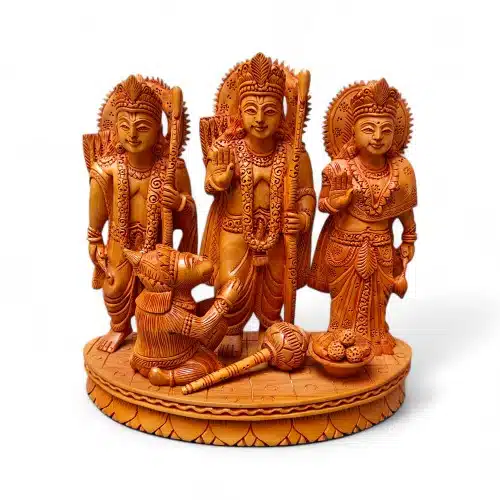 Wooden Lord Rama, Sita, Lakshmana and Hanuman devotional statue.