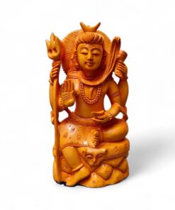 Hand-carved wooden Lord Shiva statue with trident, serpent, and blessing gesture.