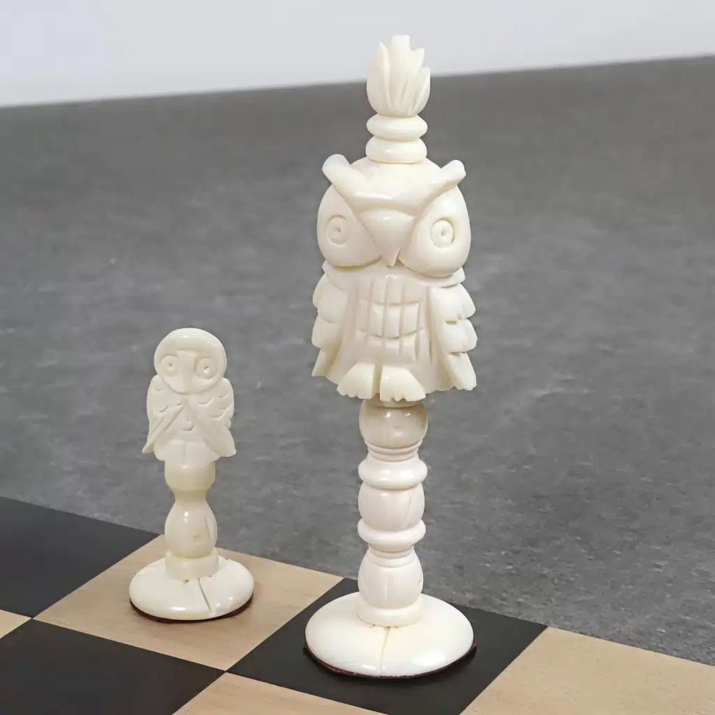 Carved owl chess pieces on a wooden chessboard.