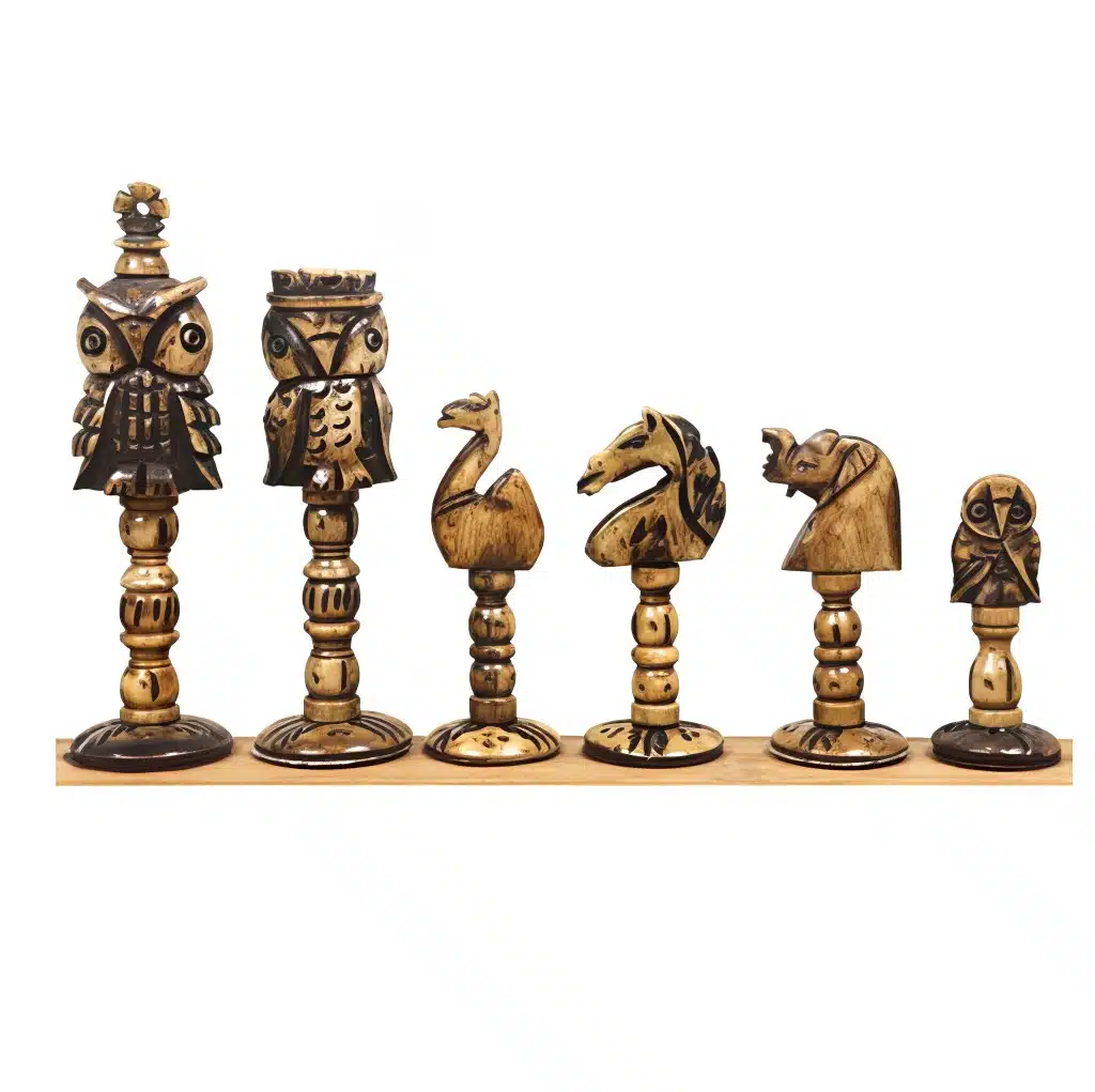 Hand-carved wooden animal chess pieces with owl and knight designs.