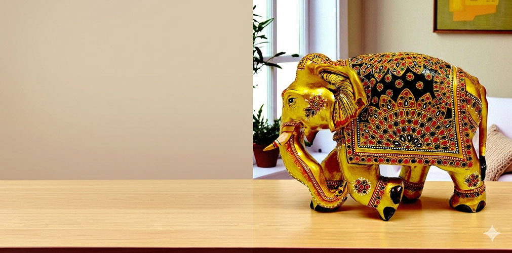 Golden Indian elephant figurine on a wooden table with a minimalist home decor background.
