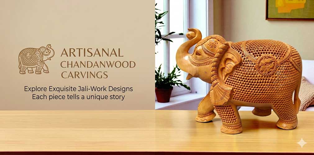 Artisanal sandalwood carved elephant figurine with intricate jali-work for home decor.