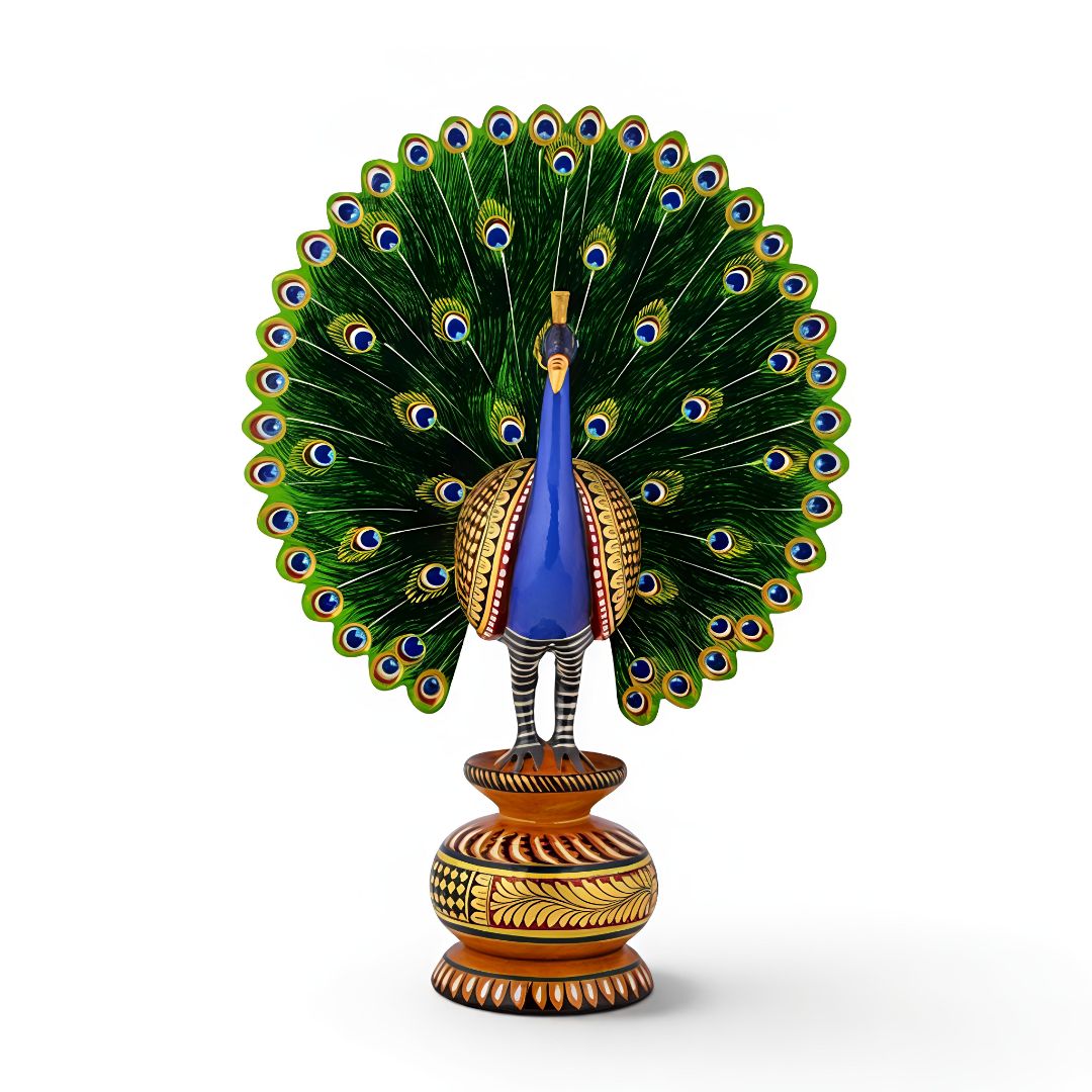 Hand Painted Wooden Peacock | Love Birds Wood Statue - Image 2