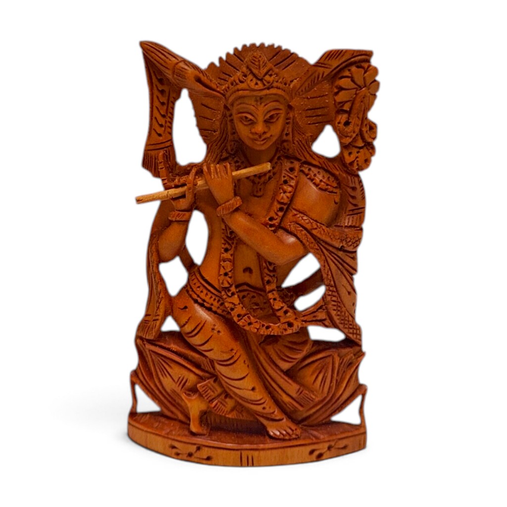 Sandalwood Lord Krishna Statue | Hand Carved Wooden Idol - Image 2