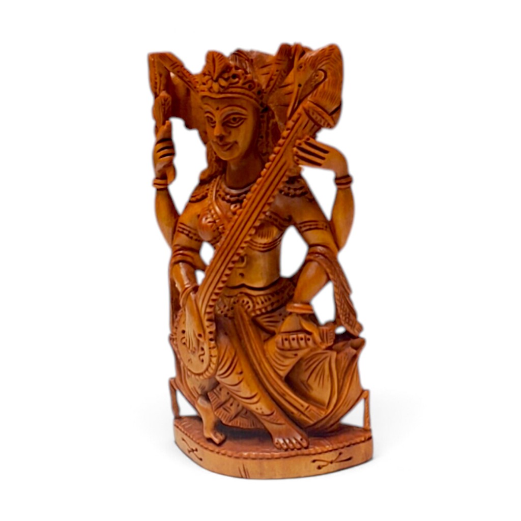 Sandalwood Saraswati Idol | Hand Carved Wooden Statue - Image 2