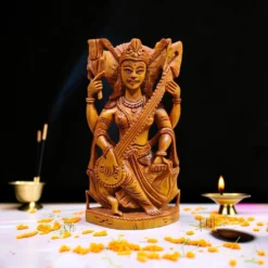 Sandalwood Saraswati Idol | Hand Carved Wooden Statue