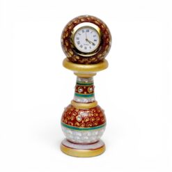 Traditional Indian marble handicraft pedestal clock with ornate hand-painted gold details.
