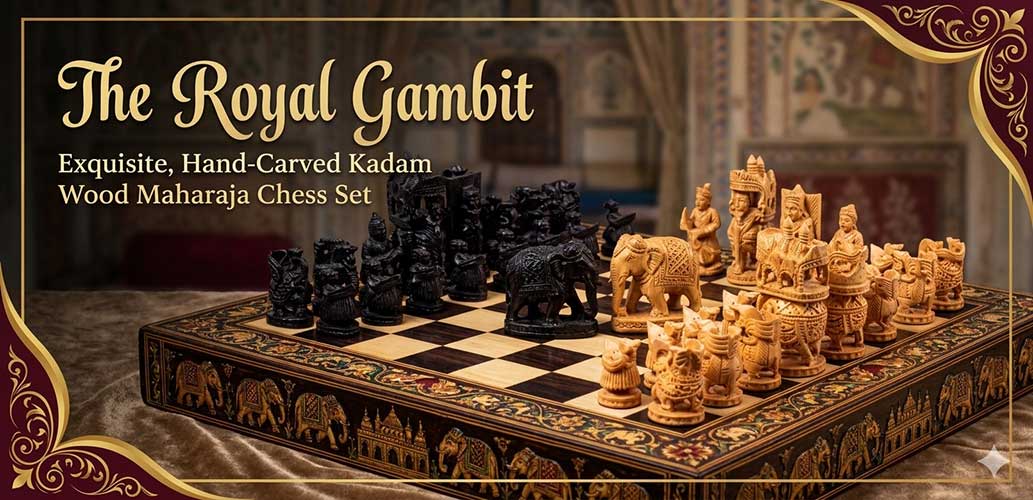 Hand-carved Kadam wood Maharaja chess set showcasing exquisite traditional Indian wooden handicrafts.