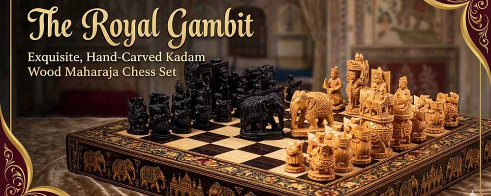 Exquisite hand-carved Kadam wood Maharaja chess set, showcasing traditional Indian wooden handicrafts.