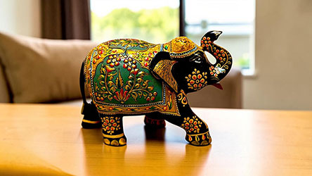 Decorative hand-painted elephant figurine showcasing traditional Indian wooden handicrafts on a table.