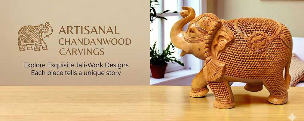 Intricately carved sandalwood elephant sculpture showcasing exquisite wooden handicrafts.