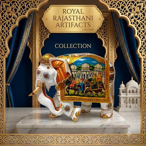 Royal Rajasthani elephant figurine, a prime example of traditional Indian wooden handicrafts.
